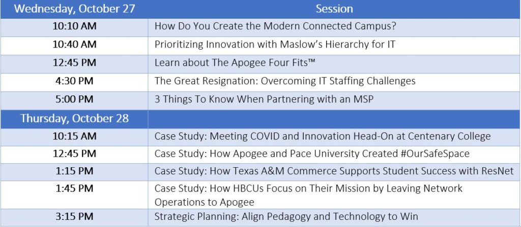 Apogee at EDUCAUSE 2021 Booth Presentation Schedule
