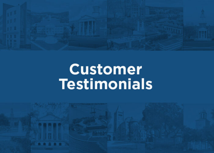 Customer testimonials white lettering with blue overlay