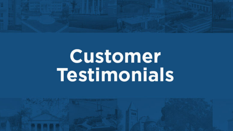 Customer testimonials white lettering with blue overlay