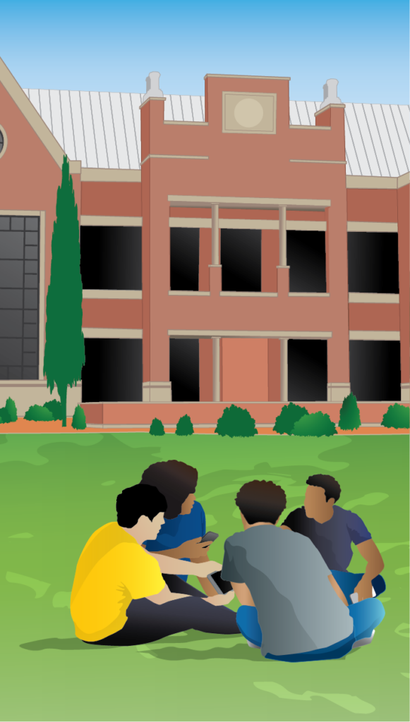 Cartoon of students sitting in a green space, phones in hand, having a chat