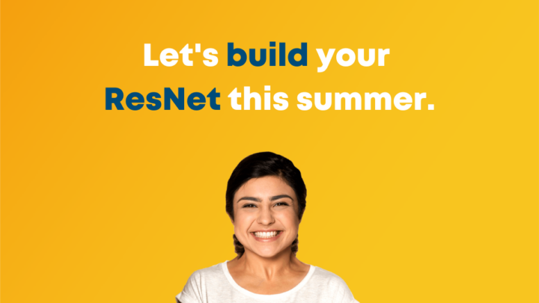 Woman hold a phone smiling with the text above that says Let's build your ResNet this summer