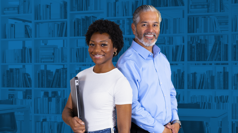 Man and woman in front of bookcase with blue overlay