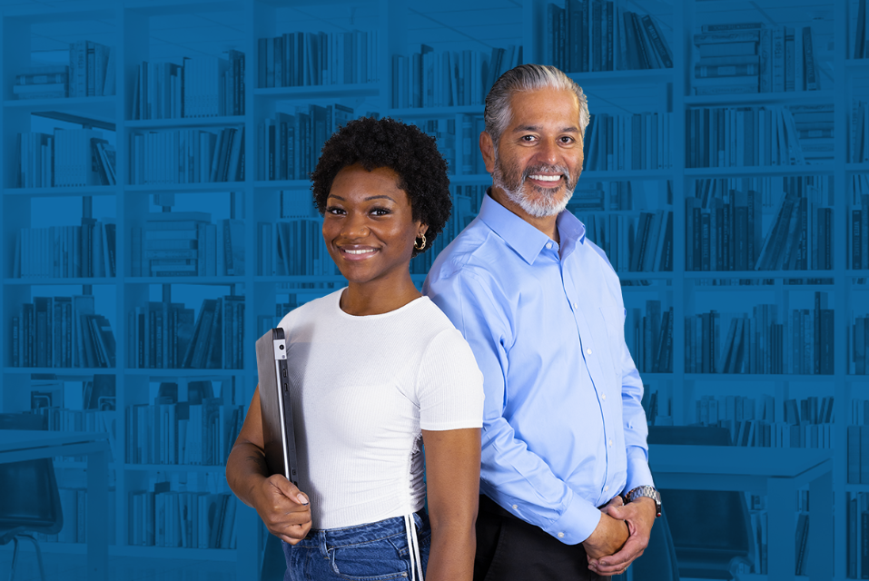 Man and woman in front of bookcase with blue overlay